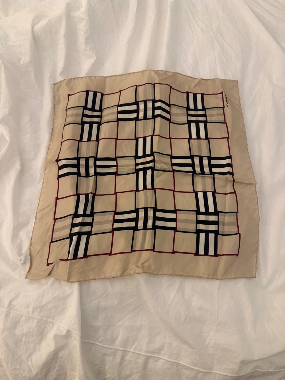 Burberry Beige Plaid Silk Scarf with Black and Burgundy Accents